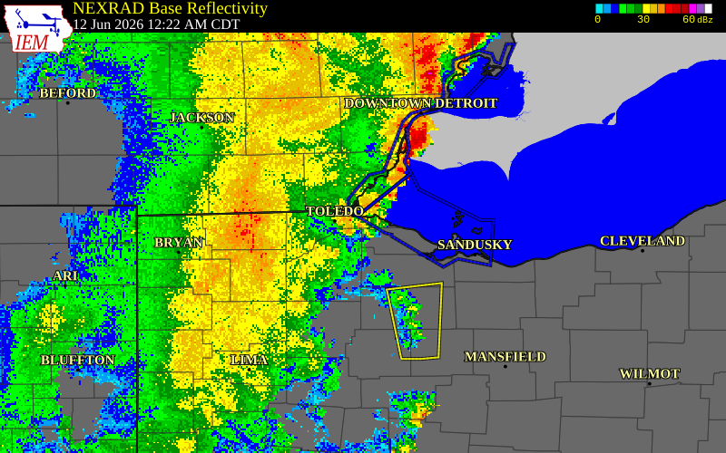 NEXRAD radar during the Friday, June 12, 2026 storm activity in Seneca County, Ohio