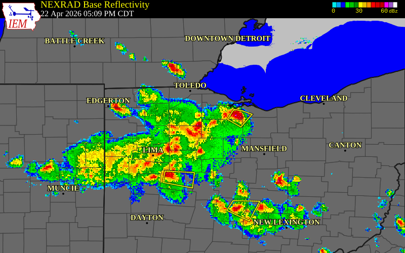 Radar snapshot during the Apr 22, 2026 hail event near Fostoria, Seneca County, Ohio, with NWS warning polygons