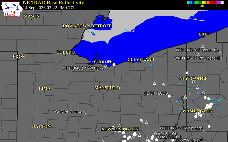 Current NEXRAD radar over Seneca County, Ohio with recent storm report locations