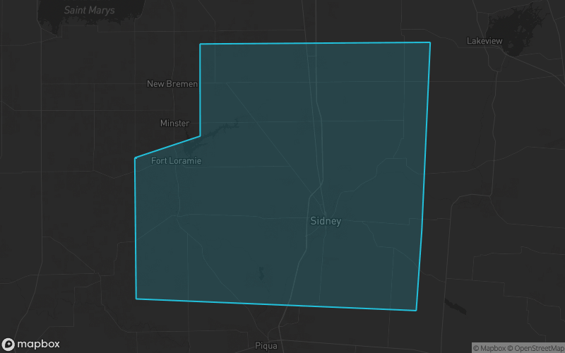 Map of Shelby County, Ohio showing the county boundary and surrounding cities