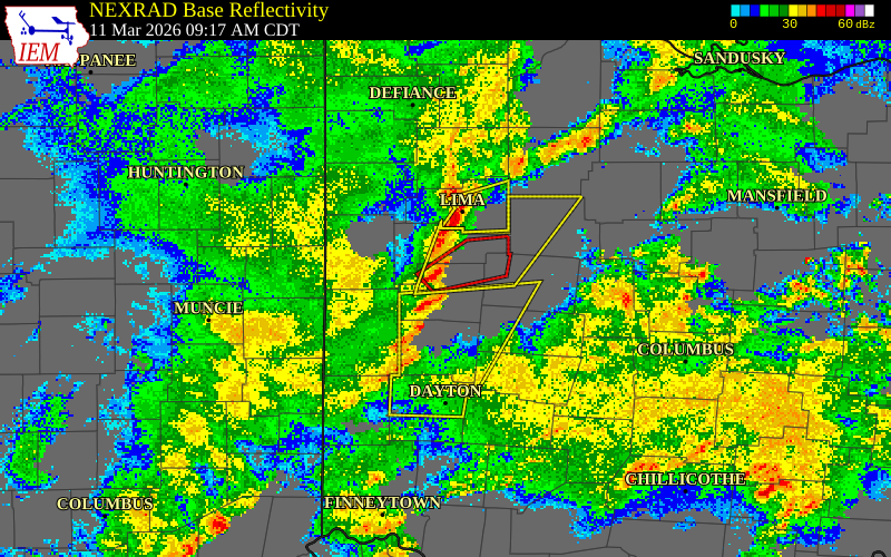 NEXRAD radar during the Wednesday, March 11, 2026 storm activity in Shelby County, Ohio