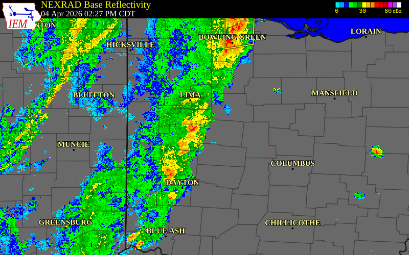 NEXRAD radar during the Saturday, April 4, 2026 storm activity in Shelby County, Ohio