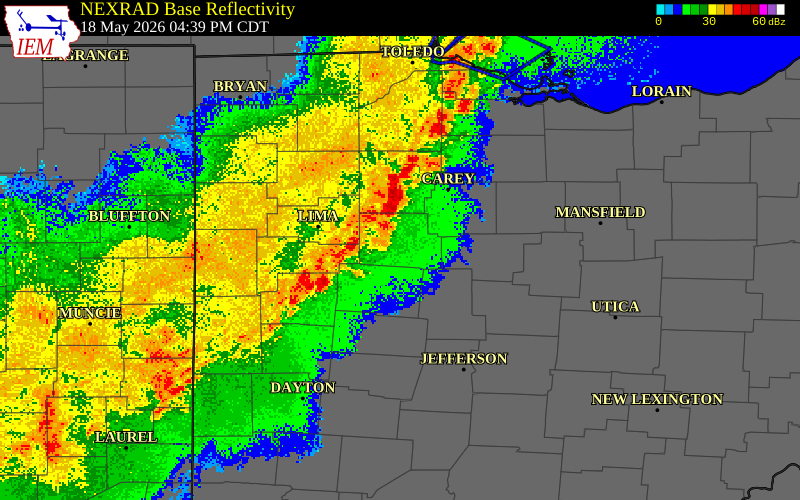 NEXRAD radar during the Monday, May 18, 2026 storm activity in Shelby County, Ohio