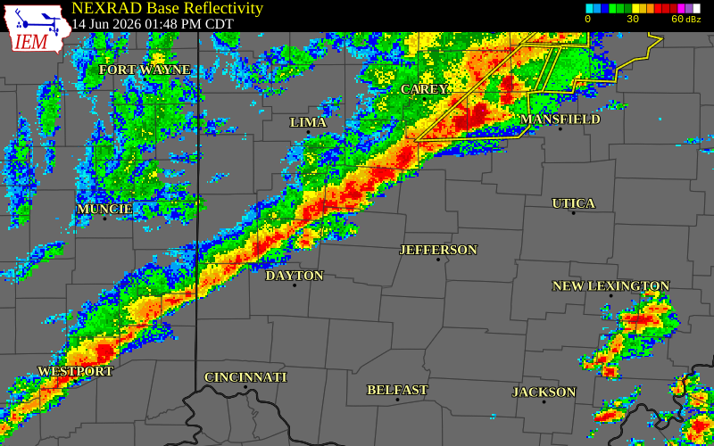 NEXRAD radar during the Sunday, June 14, 2026 storm activity in Shelby County, Ohio