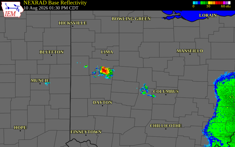 NEXRAD radar during the Monday, August 10, 2026 storm activity in Shelby County, Ohio