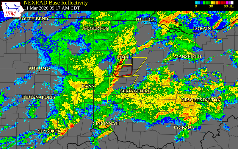 Radar snapshot during the Mar 11, 2026 tornado event near 2 NW Anna, Shelby County, Ohio, with NWS warning polygons