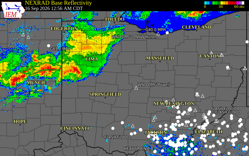 Current NEXRAD radar over Shelby County, Ohio with recent storm report locations