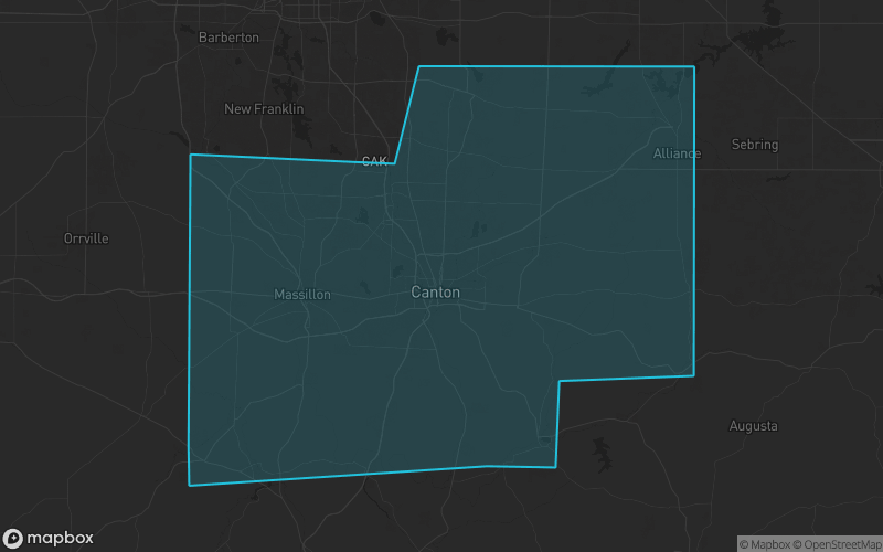 Map of Stark County, Ohio showing the county boundary and surrounding cities