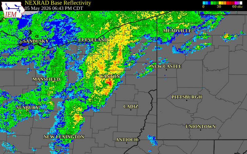 NEXRAD radar during the Tuesday, May 5, 2026 storm activity in Stark County, Ohio