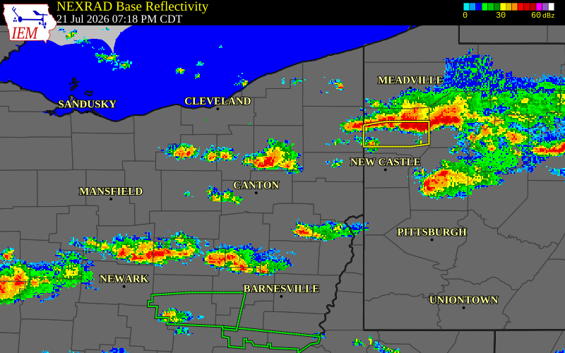 NEXRAD radar during the Tuesday, July 21, 2026 storm activity in Stark County, Ohio