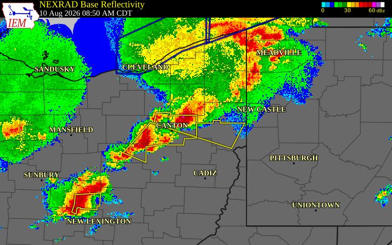 NEXRAD radar during the Monday, August 10, 2026 storm activity in Stark County, Ohio