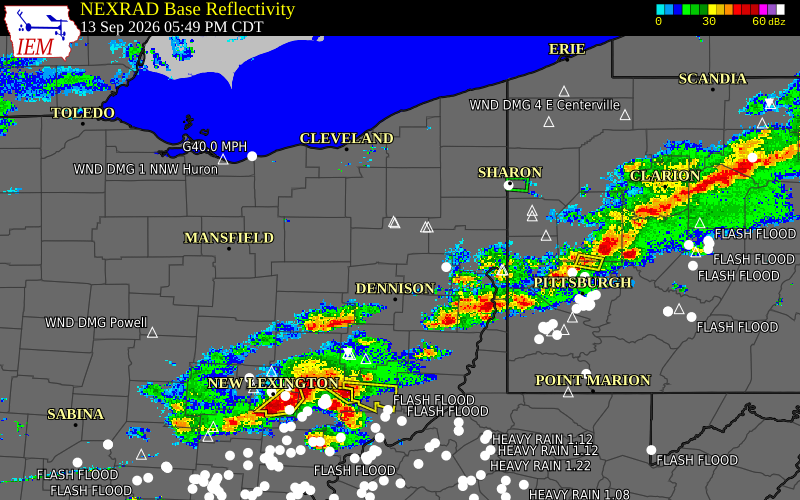 Current NEXRAD radar over Stark County, Ohio with recent storm report locations