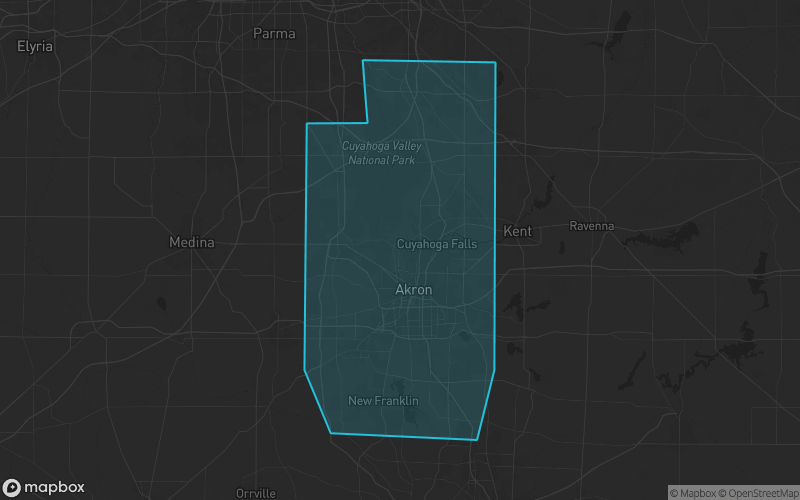 Map of Summit County, Ohio showing the county boundary and surrounding cities
