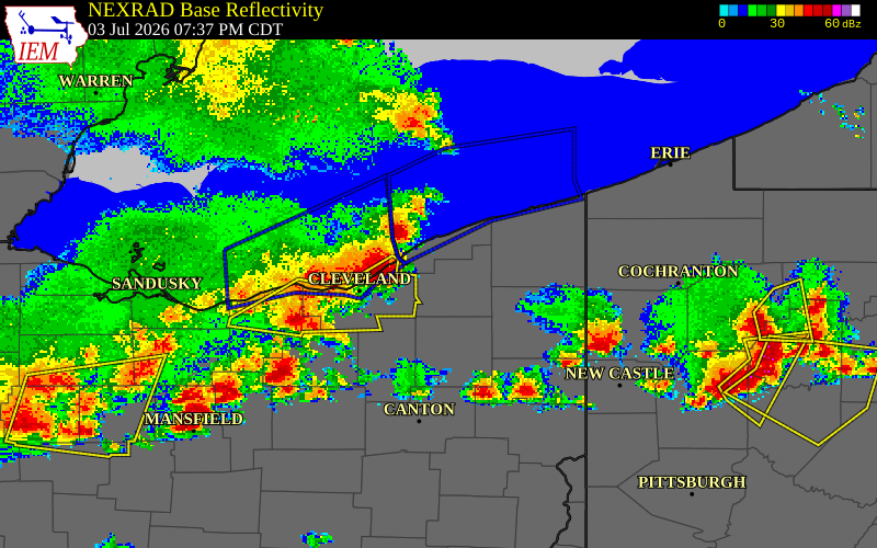 NEXRAD radar during the Friday, July 3, 2026 storm activity in Summit County, Ohio