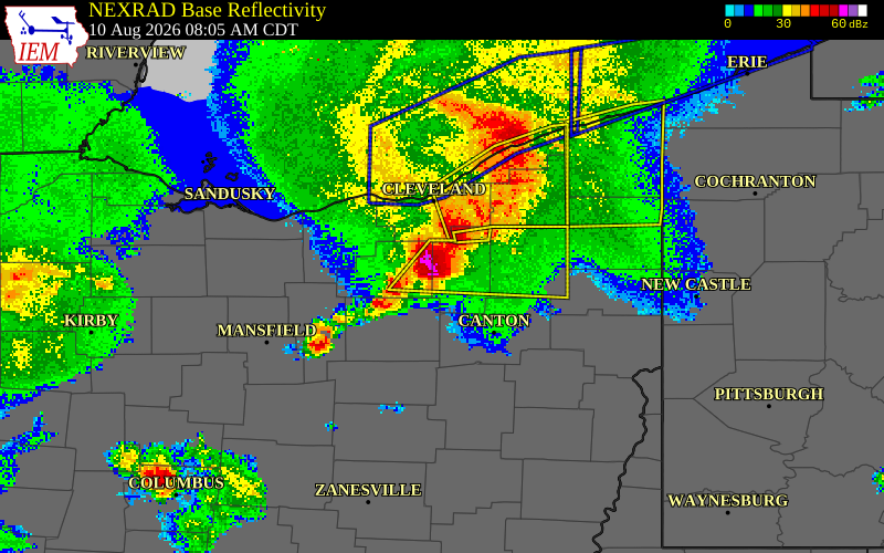NEXRAD radar during the Monday, August 10, 2026 storm activity in Summit County, Ohio
