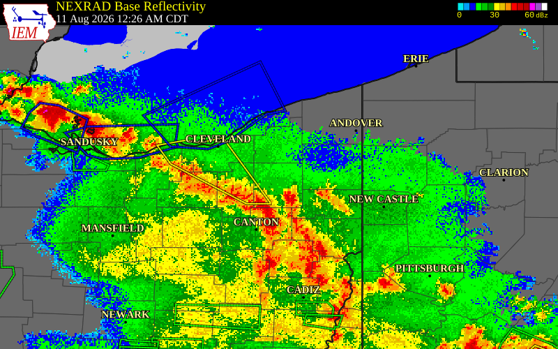 NEXRAD radar during the Tuesday, August 11, 2026 storm activity in Summit County, Ohio