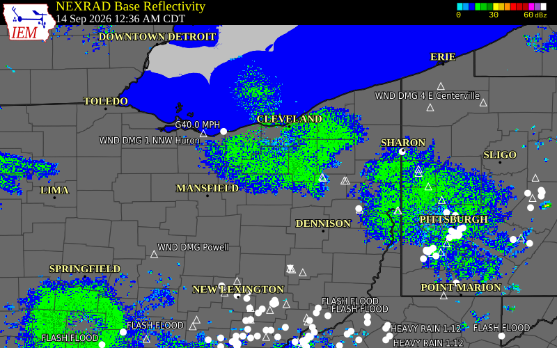 Current NEXRAD radar over Summit County, Ohio with recent storm report locations