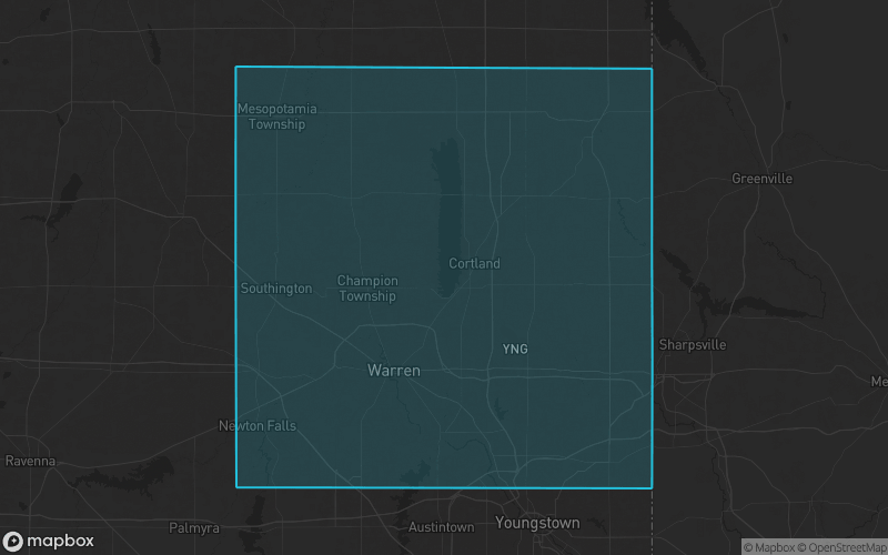 Map of Trumbull County, Ohio showing the county boundary and surrounding cities