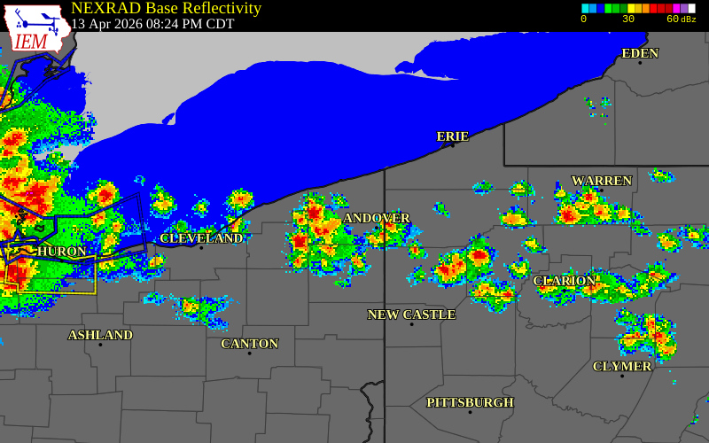 NEXRAD radar during the Monday, April 13, 2026 storm activity in Trumbull County, Ohio