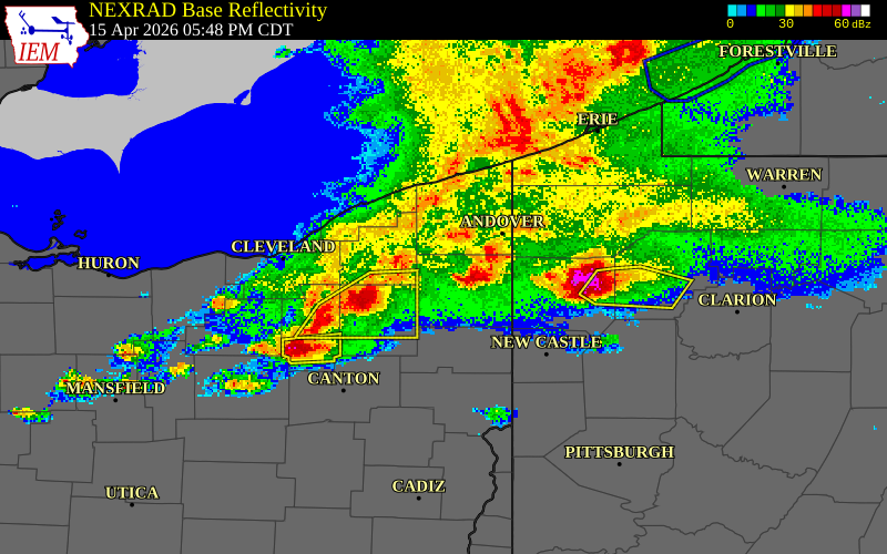 NEXRAD radar during the Wednesday, April 15, 2026 storm activity in Trumbull County, Ohio