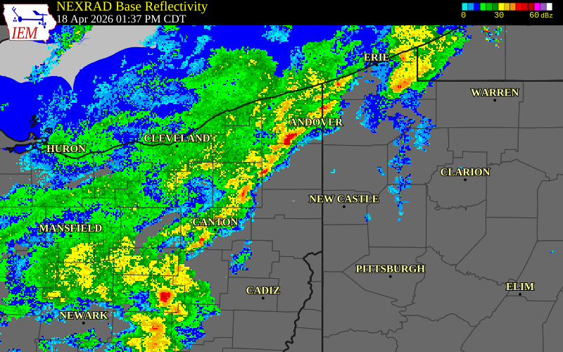 NEXRAD radar during the Saturday, April 18, 2026 storm activity in Trumbull County, Ohio