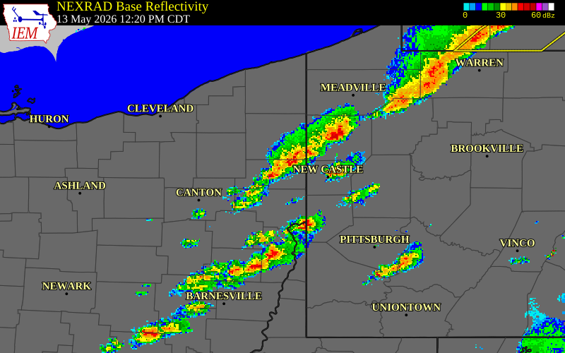 NEXRAD radar during the Wednesday, May 13, 2026 storm activity in Trumbull County, Ohio