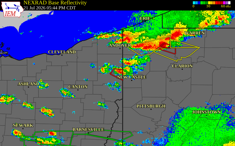 NEXRAD radar during the Tuesday, July 21, 2026 storm activity in Trumbull County, Ohio