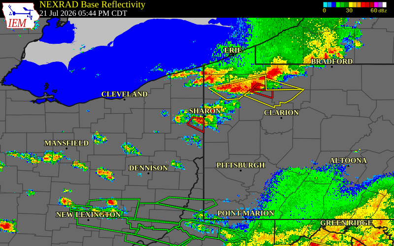 Radar snapshot during the Jul 21, 2026 tornado event near 3 SW Hubbard, Trumbull County, Ohio, with NWS warning polygons