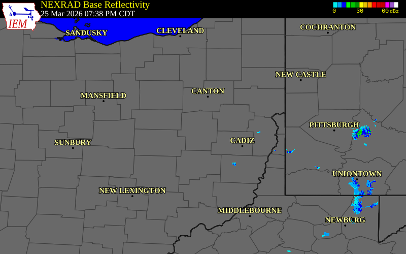 NEXRAD radar during the Wednesday, March 25, 2026 storm activity in Tuscarawas County, Ohio