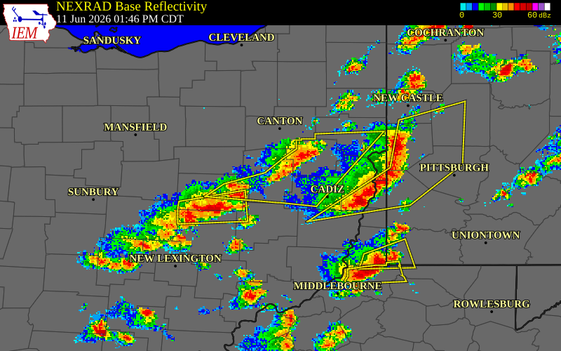 NEXRAD radar during the Thursday, June 11, 2026 storm activity in Tuscarawas County, Ohio