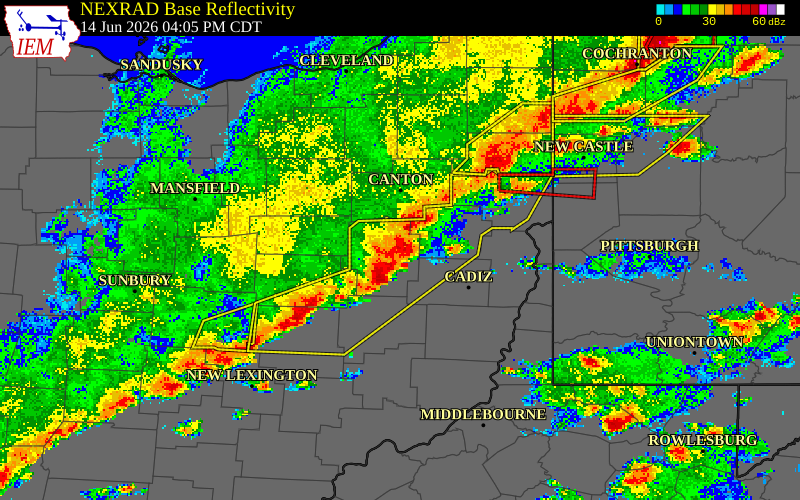 NEXRAD radar during the Sunday, June 14, 2026 storm activity in Tuscarawas County, Ohio