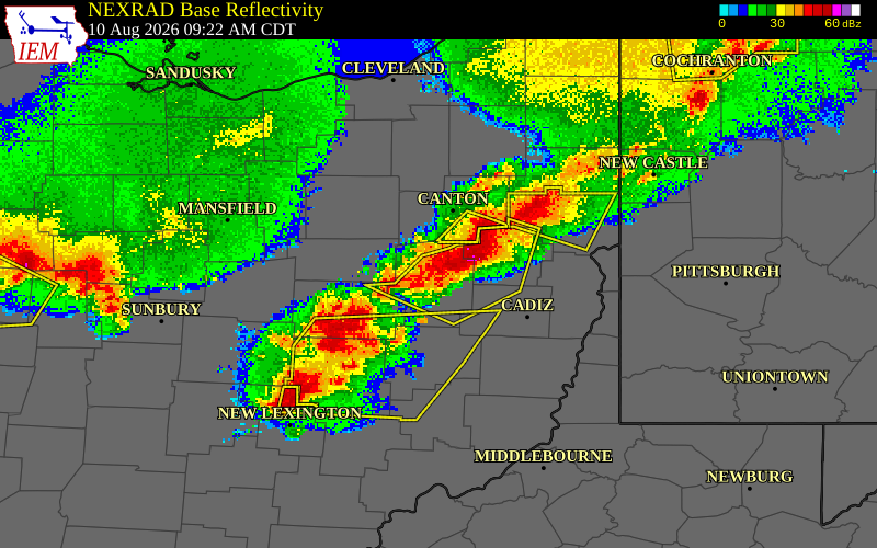 NEXRAD radar during the Monday, August 10, 2026 storm activity in Tuscarawas County, Ohio