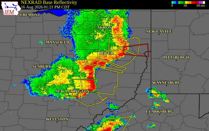 NEXRAD radar during the Sunday, August 16, 2026 storm activity in Tuscarawas County, Ohio
