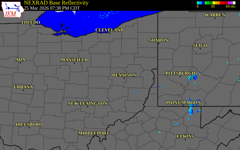 Radar snapshot during the Mar 25, 2026 hail event near New Philadelphia, Tuscarawas County, Ohio, with NWS warning polygons