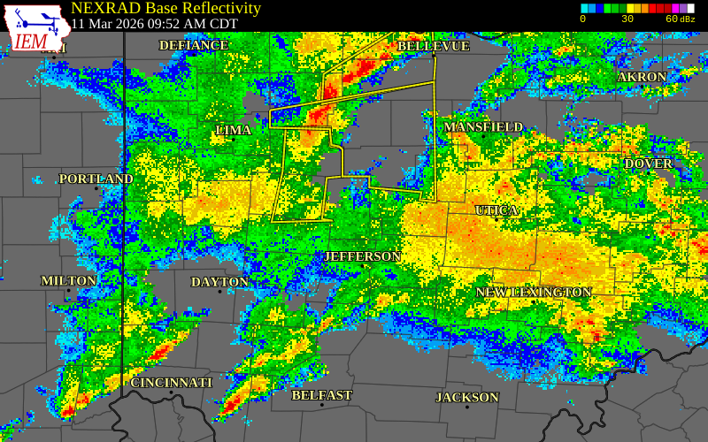 NEXRAD radar during the Wednesday, March 11, 2026 storm activity in Union County, Ohio