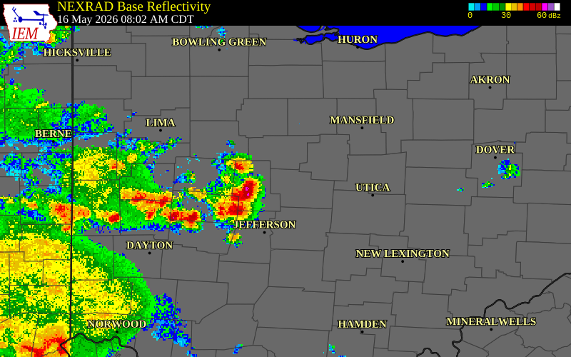 NEXRAD radar during the Saturday, May 16, 2026 storm activity in Union County, Ohio