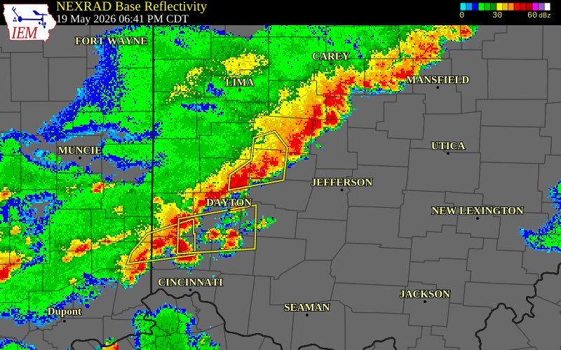 NEXRAD radar during the Tuesday, May 19, 2026 storm activity in Union County, Ohio