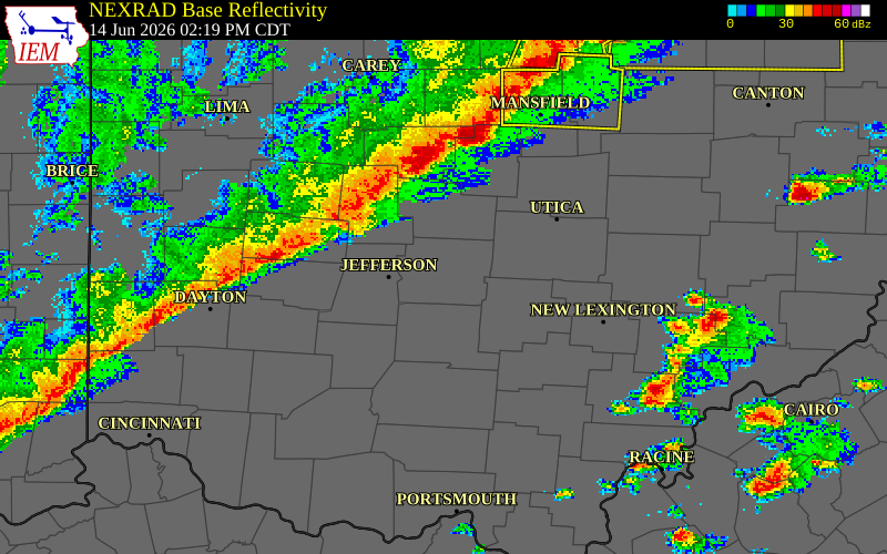 NEXRAD radar during the Sunday, June 14, 2026 storm activity in Union County, Ohio