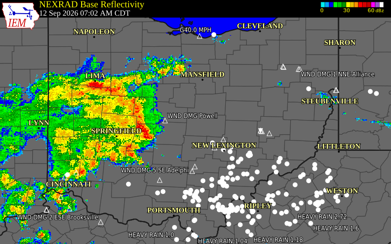 Current NEXRAD radar over Union County, Ohio with recent storm report locations