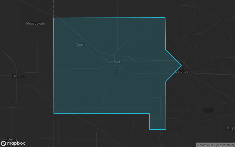 Map of Van Wert County, Ohio showing the county boundary and surrounding cities