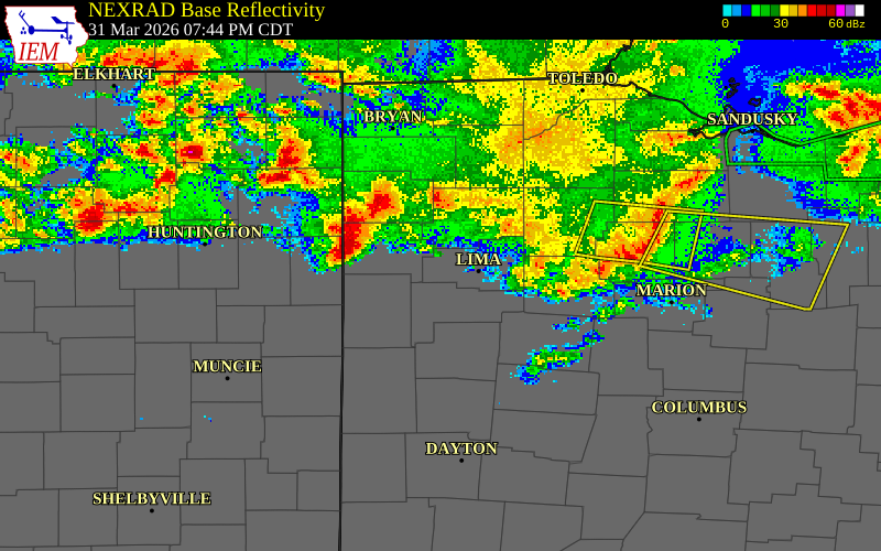 NEXRAD radar during the Tuesday, March 31, 2026 storm activity in Van Wert County, Ohio