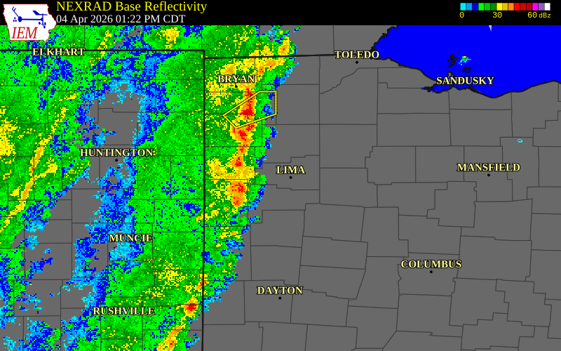 NEXRAD radar during the Saturday, April 4, 2026 storm activity in Van Wert County, Ohio