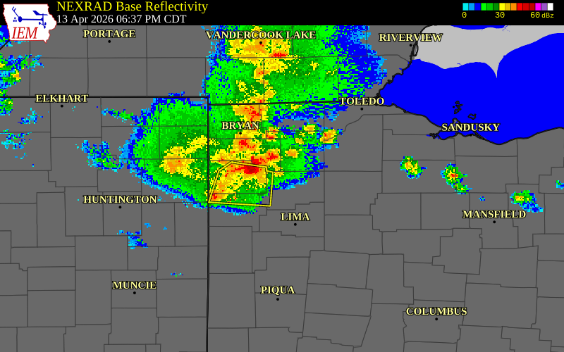 NEXRAD radar during the Monday, April 13, 2026 storm activity in Van Wert County, Ohio