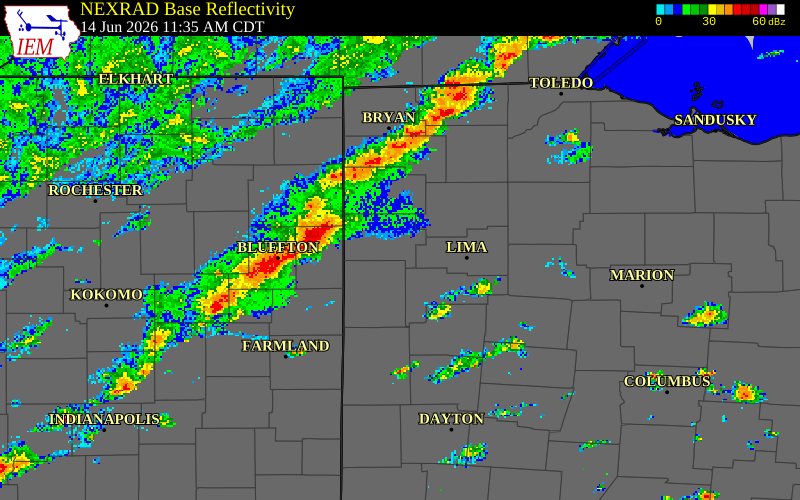 NEXRAD radar during the Sunday, June 14, 2026 storm activity in Van Wert County, Ohio