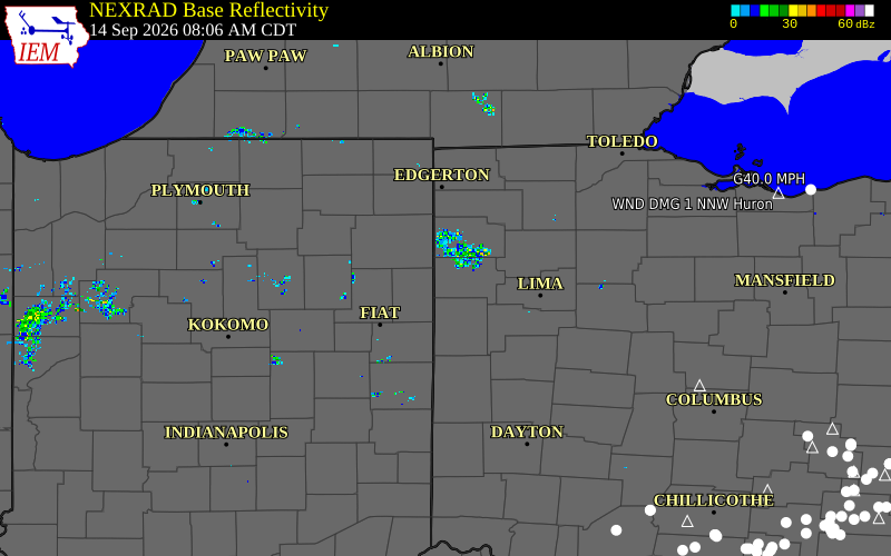 Current NEXRAD radar over Van Wert County, Ohio with recent storm report locations