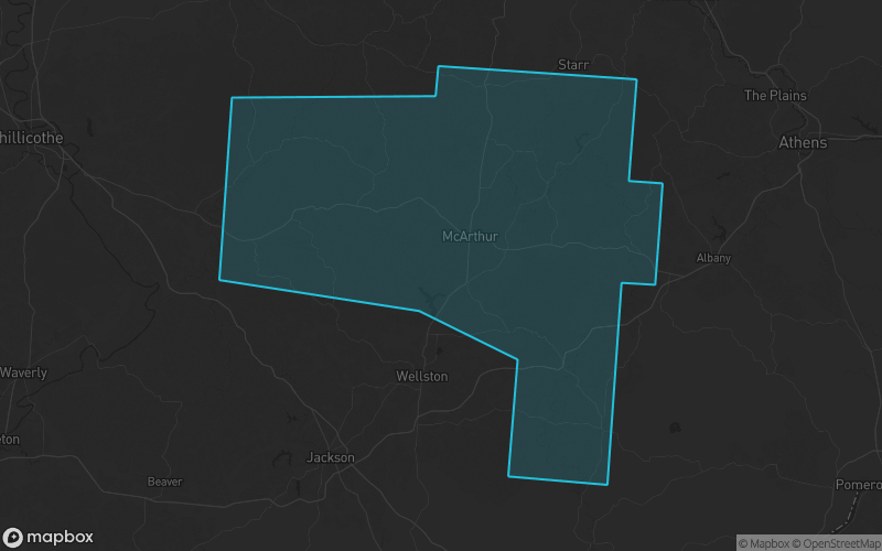 Map of Vinton County, Ohio showing the county boundary and surrounding cities