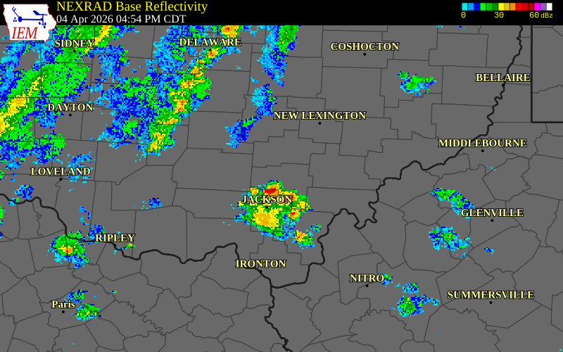 NEXRAD radar during the Saturday, April 4, 2026 storm activity in Vinton County, Ohio