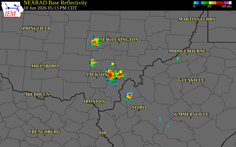 NEXRAD radar during the Wednesday, June 10, 2026 storm activity in Vinton County, Ohio