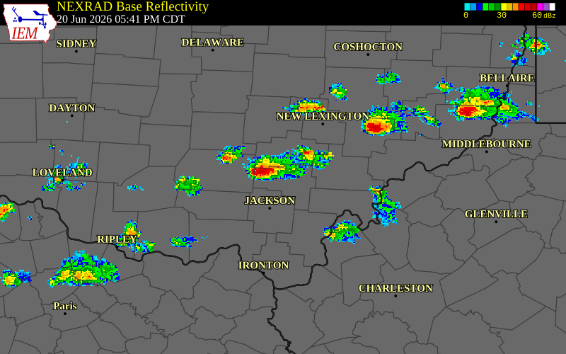NEXRAD radar during the Saturday, June 20, 2026 storm activity in Vinton County, Ohio