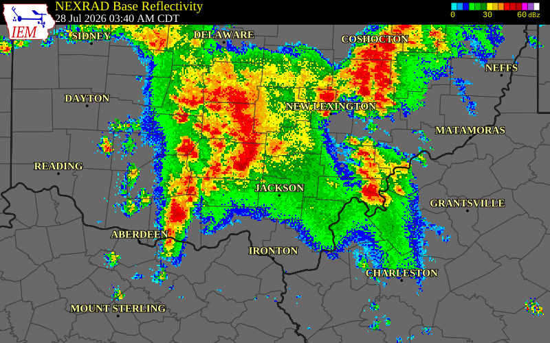 NEXRAD radar during the Tuesday, July 28, 2026 storm activity in Vinton County, Ohio